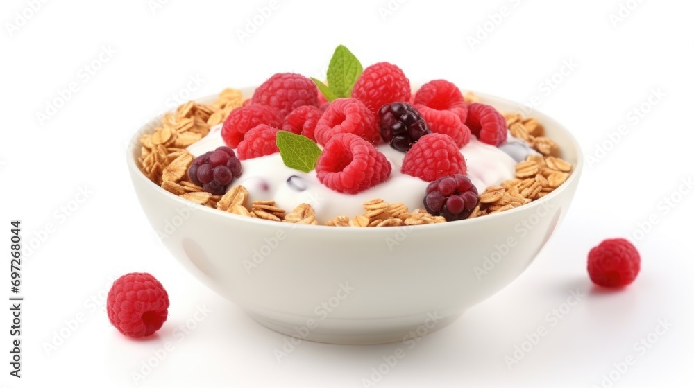 A bowl filled with cereal, topped with fresh berries and creamy yogurt. Perfect for a healthy breakfast or snack A bowl filled with cereal, topped with fresh berries and creamy yogurt. Perfect for a healthy breakfast or snack