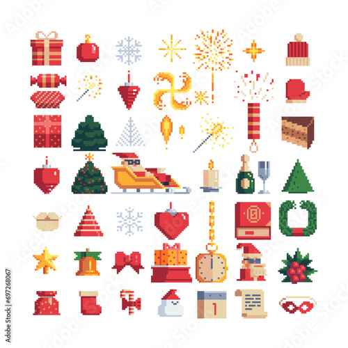 Merry Christmas greeting card design. Pixel art Xmas icons. Set of Happy New Year attributes. Bengal fire and fireworks. Santa Claus on sleigh. Isolated vector illustration. Winter season.