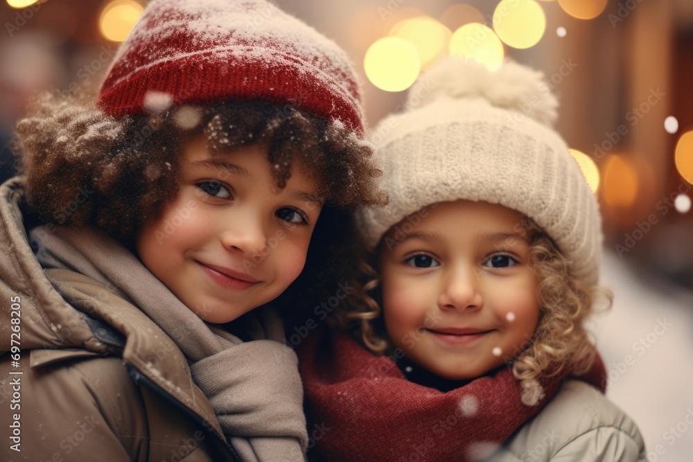 Two young children wearing winter hats and scarves. Suitable for winter-themed projects or family-oriented designs Two young children wearing winter hats and scarves. Suitable for winter-themed projects or family-oriented designs