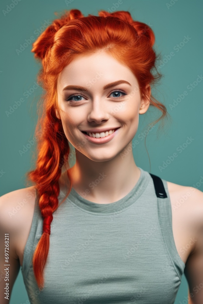 A woman with red hair smiling for the camera. Ideal for advertising and promotional materials