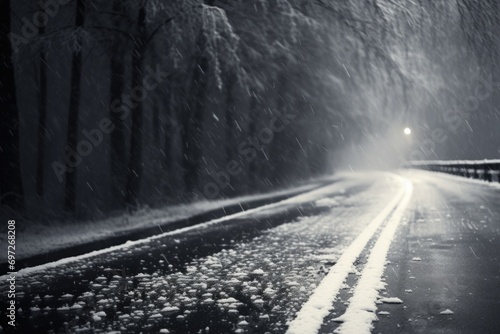 A black and white photo capturing the beauty of a snowy road. Perfect for winter-themed projects and travel brochures
