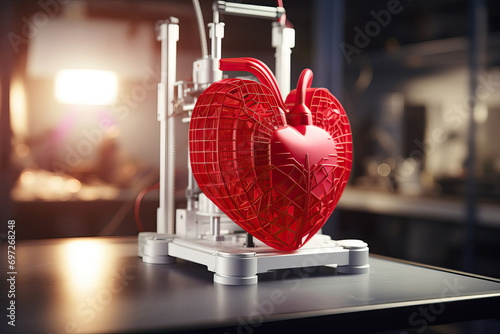 red heart model created in 3d printer, light airy lighting in a lab, future innovations, innovative technology photo