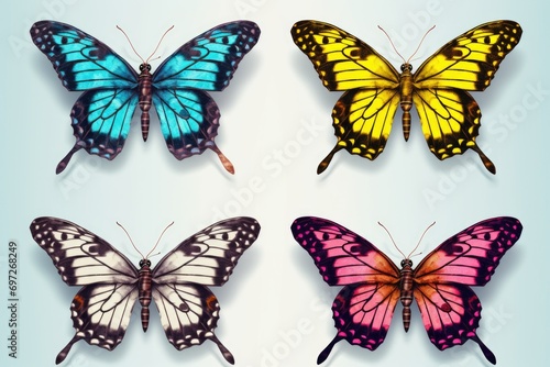 Four vibrant butterflies on a blue background. Perfect for nature-themed designs or adding a pop of color to any project