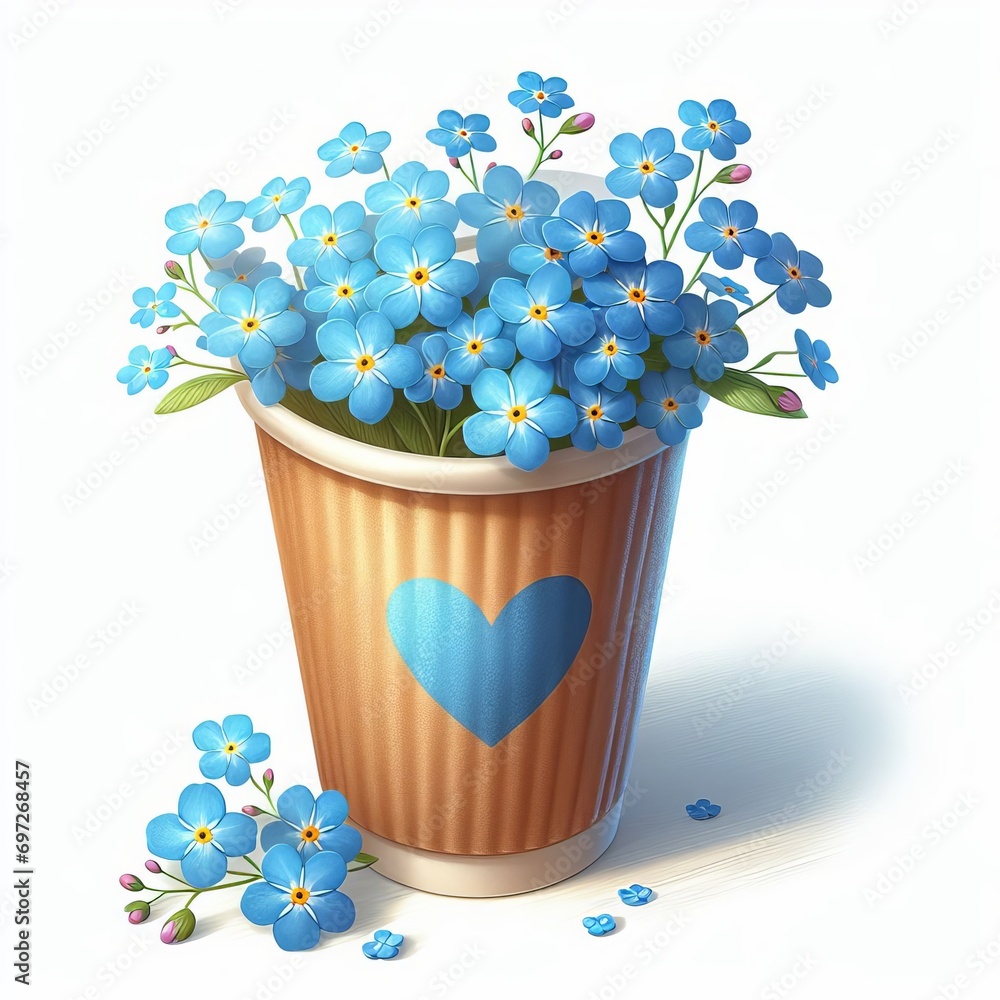 Paper cup of coffee with blue heart and blue flowers, hand draw illustration clip art on white background. Advertising coffee for Valentine’s Day.