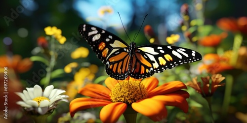 A beautiful butterfly perched on top of a vibrant flower. Perfect for nature and garden-related projects © Fotograf