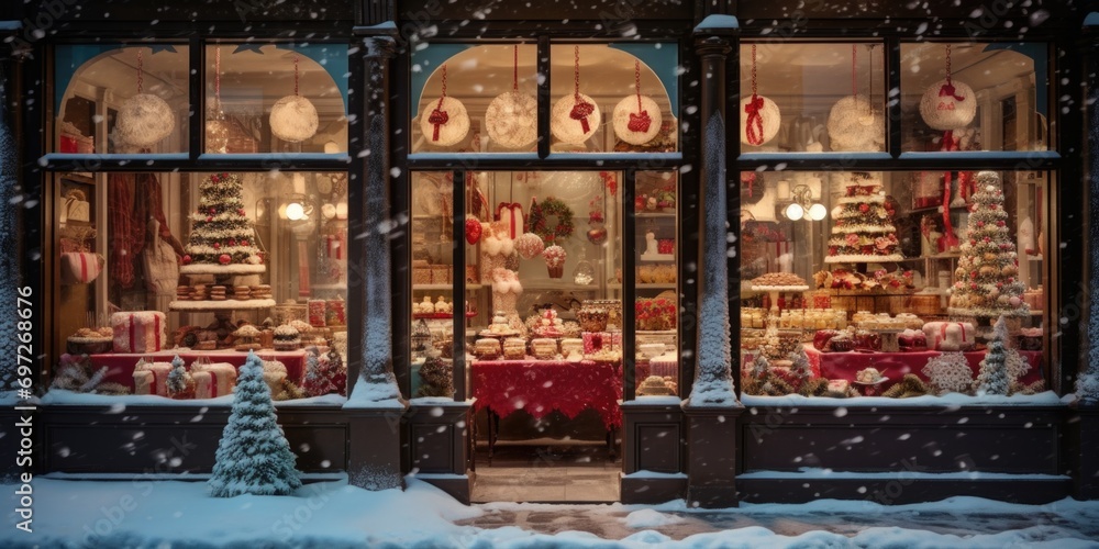 A store front adorned with festive Christmas decorations. This image can be used to showcase holiday spirit and create a warm atmosphere