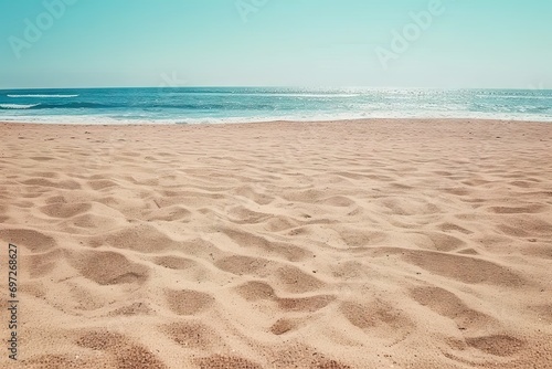 Breathtaking view of beach azure sea meets golden shore creating picturesque scene of tranquility and natural beauty. Gentle waves kiss sandy coastline under warm glow of sun