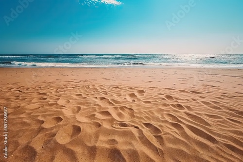 Breathtaking view of beach azure sea meets golden shore creating picturesque scene of tranquility and natural beauty. Gentle waves kiss sandy coastline under warm glow of sun