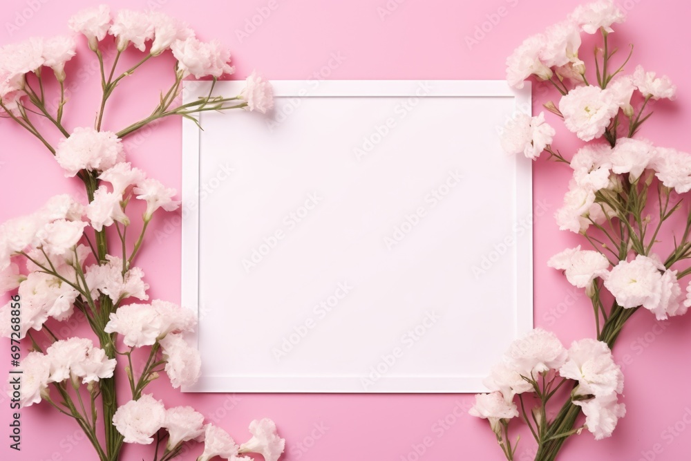Fototapeta premium A white frame is surrounded by white flowers on a pink background. This versatile image can be used for various purposes