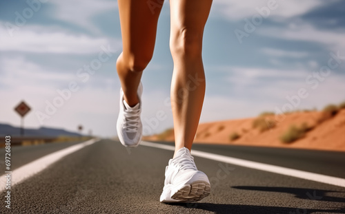 woman running on the road ,closeup