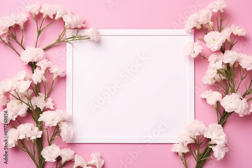 A white frame is surrounded by white flowers on a pink background. This versatile image can be used for various purposes © Fotograf