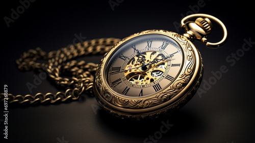beautiful golden pocket watch with a chain on a dark background