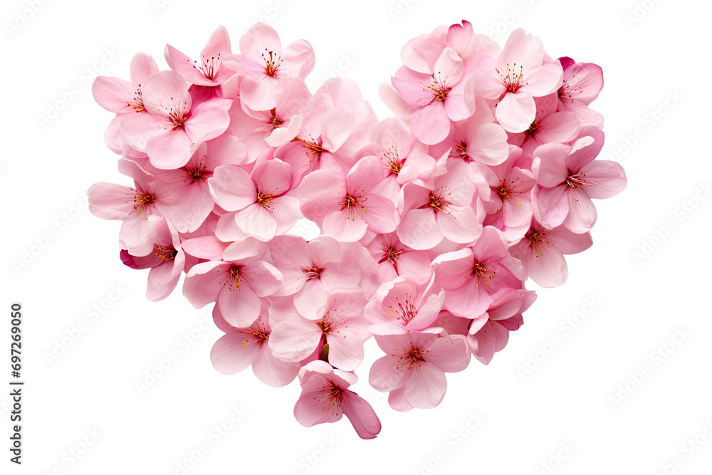 cherry blossom flowers arranged in love shape on an isolated transparent background