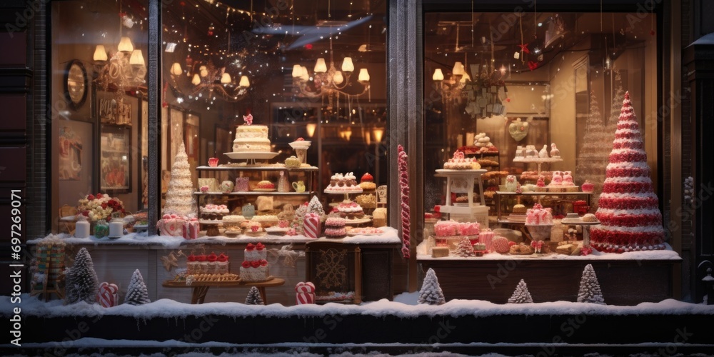 A display of various cakes and cupcakes in a store window. Perfect for bakery advertisements or confectionery themes