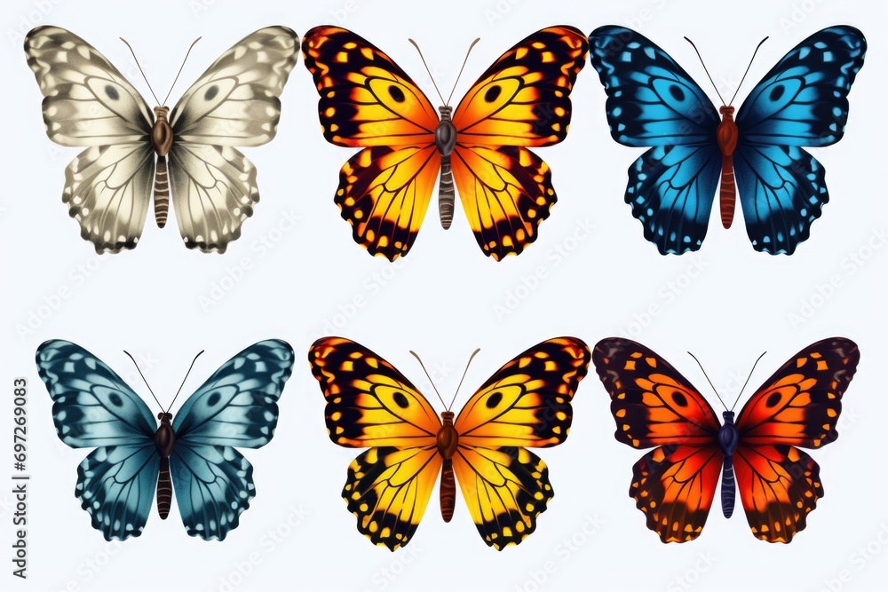A set of four different colored butterflies on a white background. Ideal for nature-themed designs and projects A set of four different colored butterflies on a white background. Ideal for nature-themed designs and projects