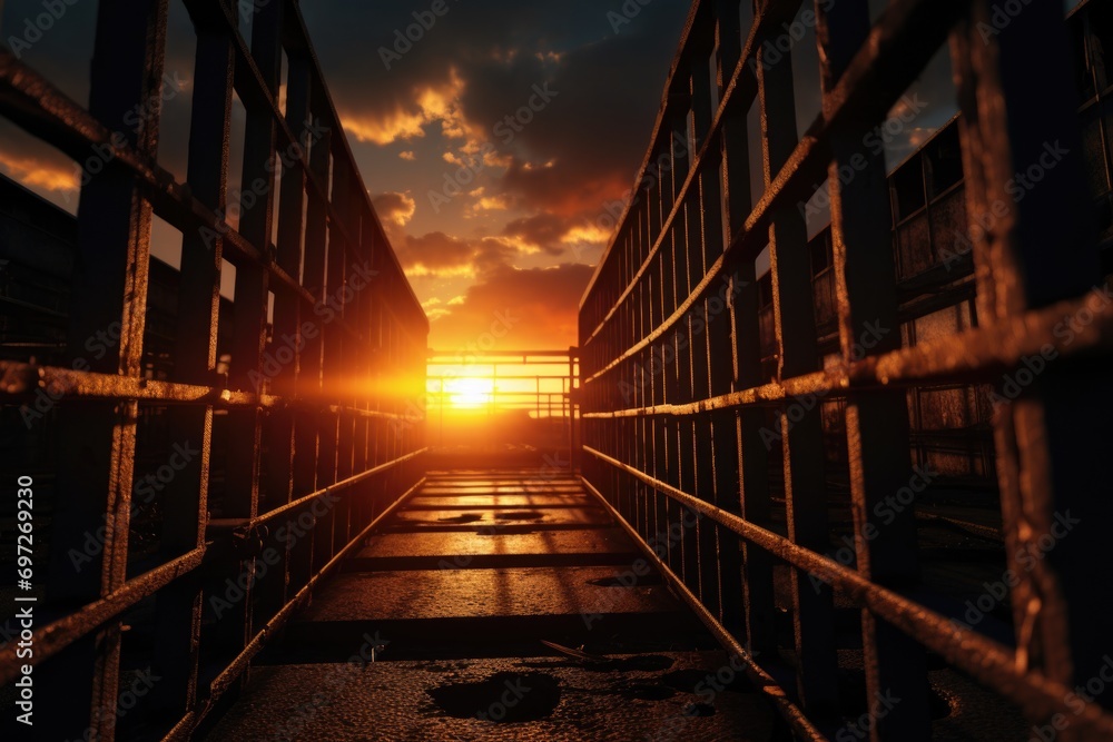 The sun is setting behind a metal fence. This image can be used to depict the end of the day or symbolize barriers and boundaries The sun is setting behind a metal fence. This image can be used to depict the end of the day or symbolize barriers and boundaries