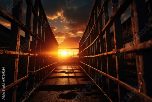 The sun is setting behind a metal fence. This image can be used to depict the end of the day or symbolize barriers and boundaries