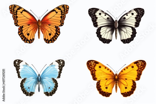 Four vibrant butterflies with different colors on a clean white background. Suitable for various design projects