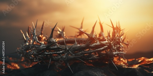 A crown of thorns sits atop a pile of rocks. This image can be used to represent suffering, sacrifice, or religious themes