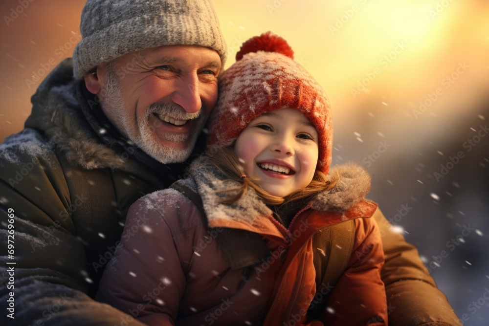 A heartwarming image of a man and a little girl standing together in the snow. Perfect for winter-themed projects and family-related concepts A heartwarming image of a man and a little girl standing together in the snow. Perfect for winter-themed projects and family-related concepts