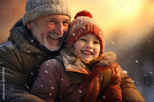 A heartwarming image of a man and a little girl standing together in the snow. Perfect for winter-themed projects and family-related concepts