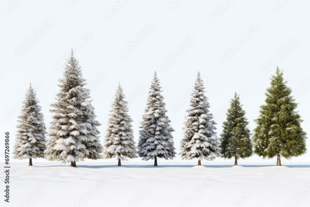 A serene image showcasing a row of snow-covered trees in a snowy landscape. Perfect for winter-themed designs and nature-related projects