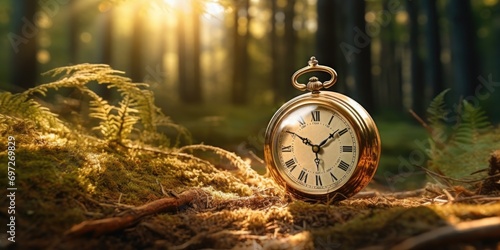 A clock sitting in the middle of a forest. Suitable for nature-themed designs and concepts