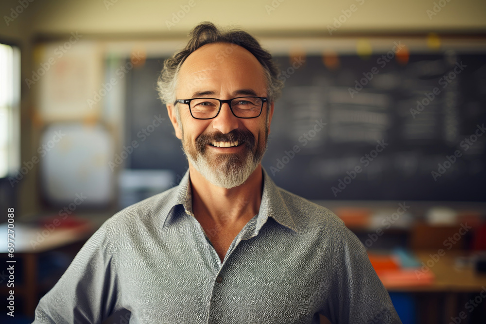 Fototapeta premium Energetic Physics Educator Embracing Sunlit Classroom