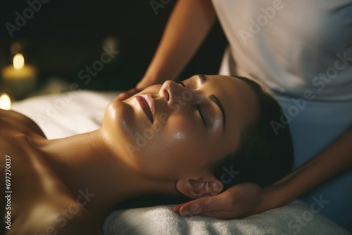 A woman receiving a relaxing facial massage at a spa. Perfect for promoting self-care and wellness services