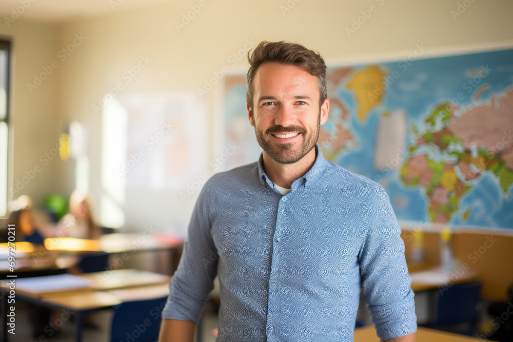 Fototapeta premium Joyful English Educator Embracing Sunshine in Classroom
