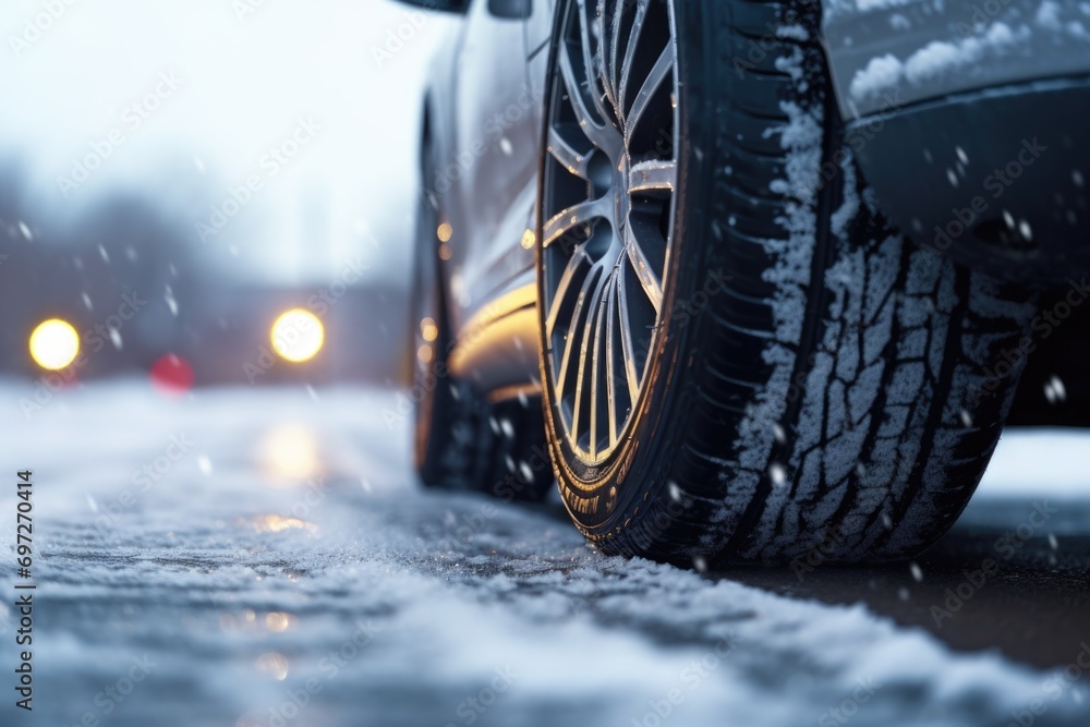 A close up view of a car driving on a snowy road. This image can be used to depict winter driving conditions or a snowy landscape