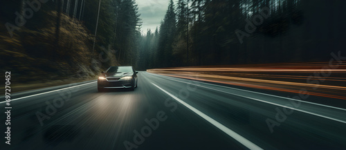 Car speeding on forest road with motion blur