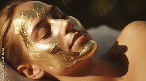A woman wearing a gold mask on her face. Perfect for fashion editorials and masquerade-themed designs