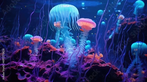 A group of jellyfish gracefully swimming in an aquarium. Perfect for adding a touch of tranquility and beauty to any aquatic-themed project