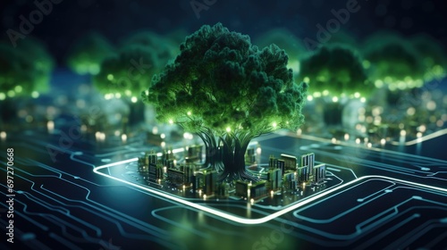 A tree standing tall on top of a circuit board. Perfect for illustrating the connection between nature and technology photo