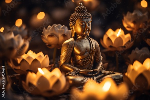 A serene statue of Buddha sitting peacefully in a field of colorful flowers. Perfect for adding a sense of tranquility and spirituality to any project or design