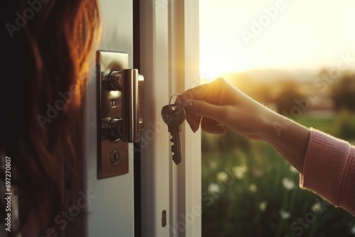A woman is pictured opening a door with a key in her hand. This image can be used to represent concepts such as security, access, home ownership, or opportunity
