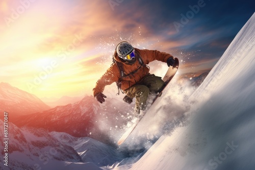 A man riding a snowboard down a snow-covered slope. Perfect for winter sports enthusiasts and adventure-themed designs