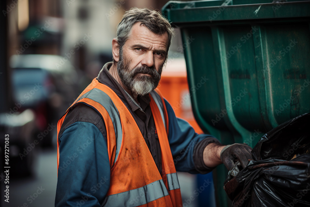 Generative AI picture of dustman who keeps streets clean and takes away trash city service Generative AI picture of dustman who keeps streets clean and takes away trash city service
