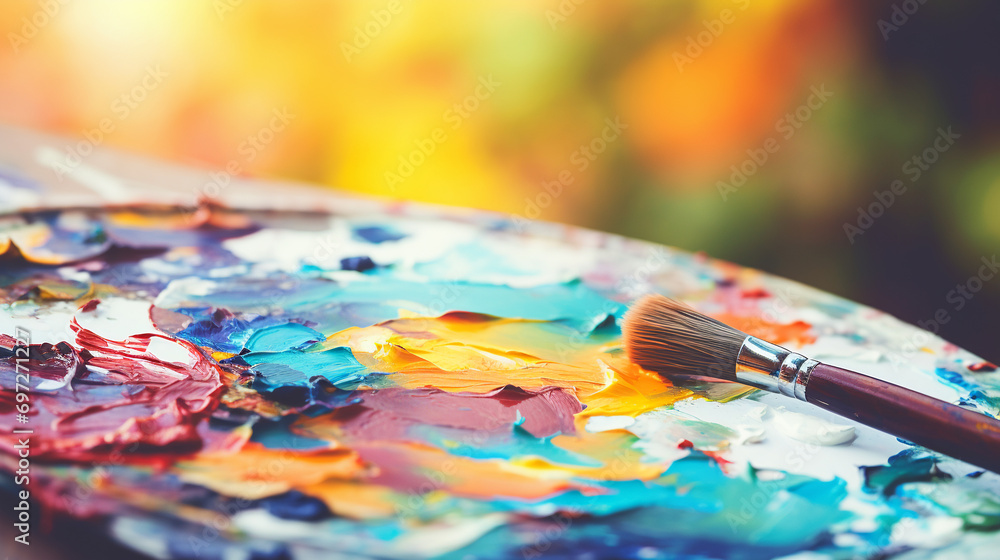 Fototapeta premium palette with strokes of multi-colored paints and a brush on the palette mixed with many pleasant colors