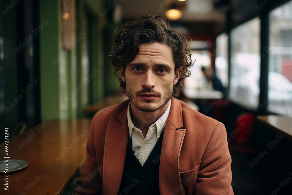 Obraz premium Generative AI portrait of young person sitting dreamy in aroma cafeteria enjoying morning coffee