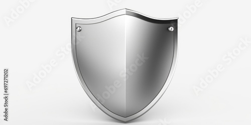 A shiny metal shield on a white background. Perfect for use in presentations or as a symbol of protection.