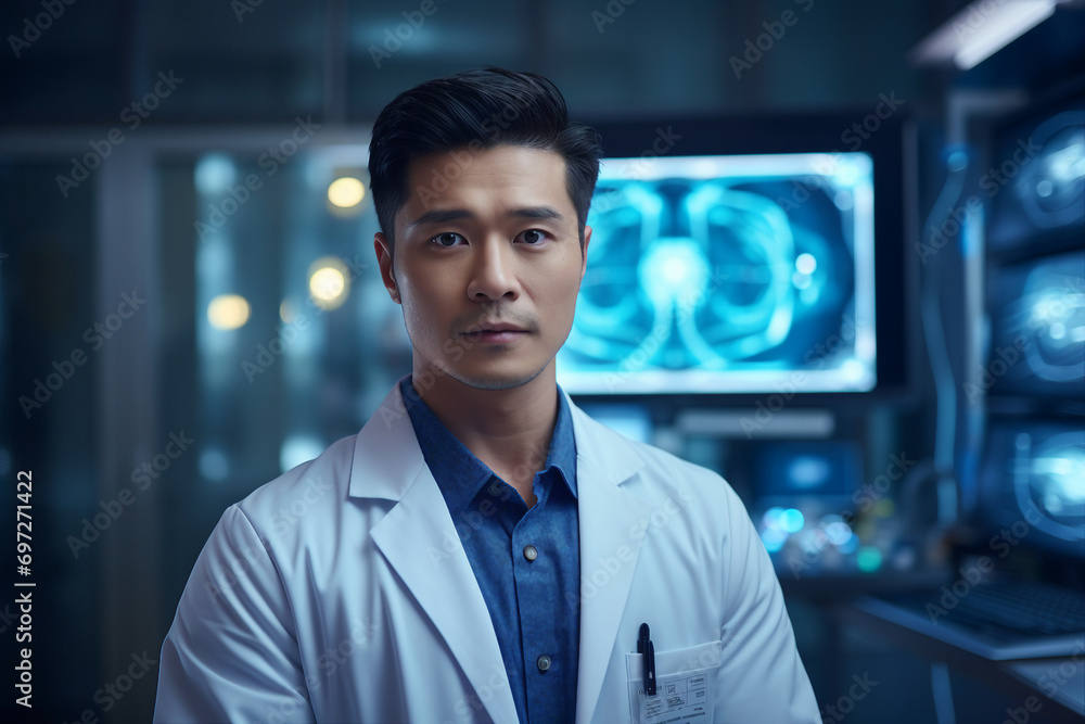Fototapeta premium Orthopedic surgeon doctor examining patient joint x-ray bone scan in radiology orthopedic hospital Generative Ai