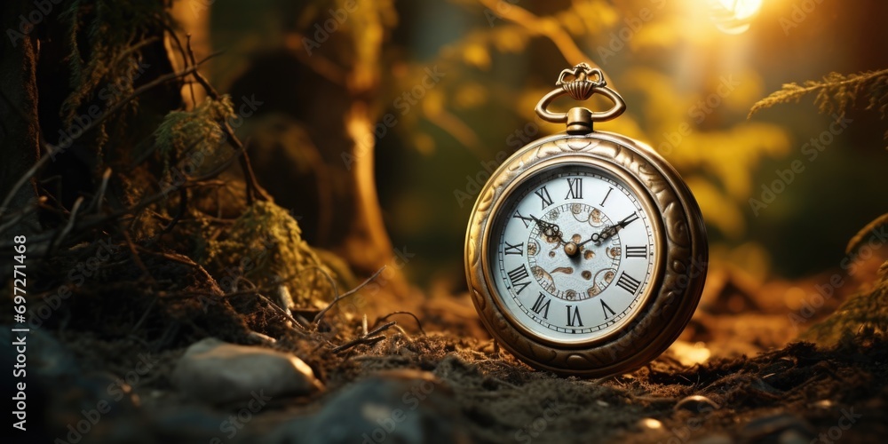 A pocket watch placed in the center of a serene forest. Suitable for time-related concepts and nature-themed designs
