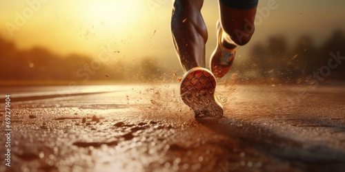 A person is seen running on a wet road during a beautiful sunset. This image can be used to depict fitness, health, determination, or an active lifestyle.
