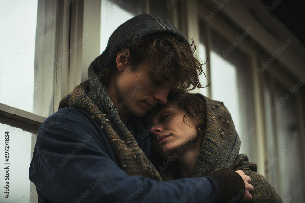 Generative AI photo of cute couple sitting wrapped in a warm blankets in comfort room Generative AI photo of cute couple sitting wrapped in a warm blankets in comfort room