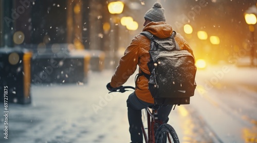 A person riding a bike in the snow. Suitable for winter sports or outdoor activities