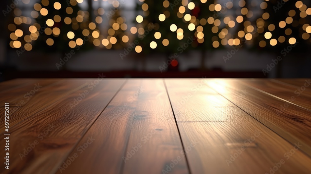 A festive wooden table with a Christmas tree in the background. Perfect for holiday decorations and celebrations