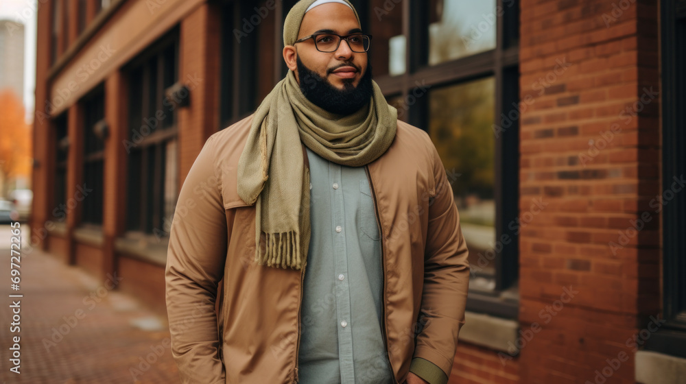 Body positive man wearing winter clothes in the street. Young bearded guy with modern hairstyle with coat, scarf Body positive man wearing winter clothes in the street. Young bearded guy with modern hairstyle with coat, scarf