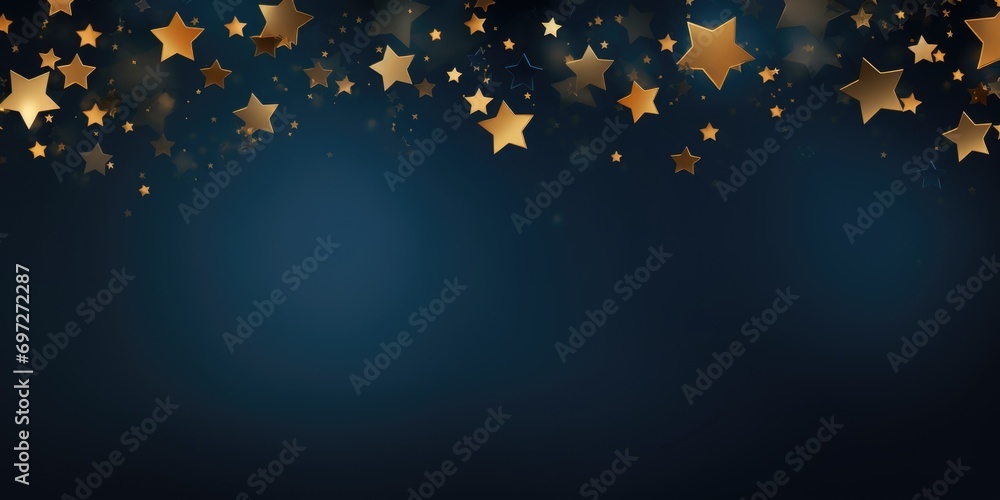 A dark blue background with gold stars. Perfect for creating a celestial or magical atmosphere. Ideal for use in graphic design, presentations, and digital art projects - obrazy, fototapety, plakaty 
